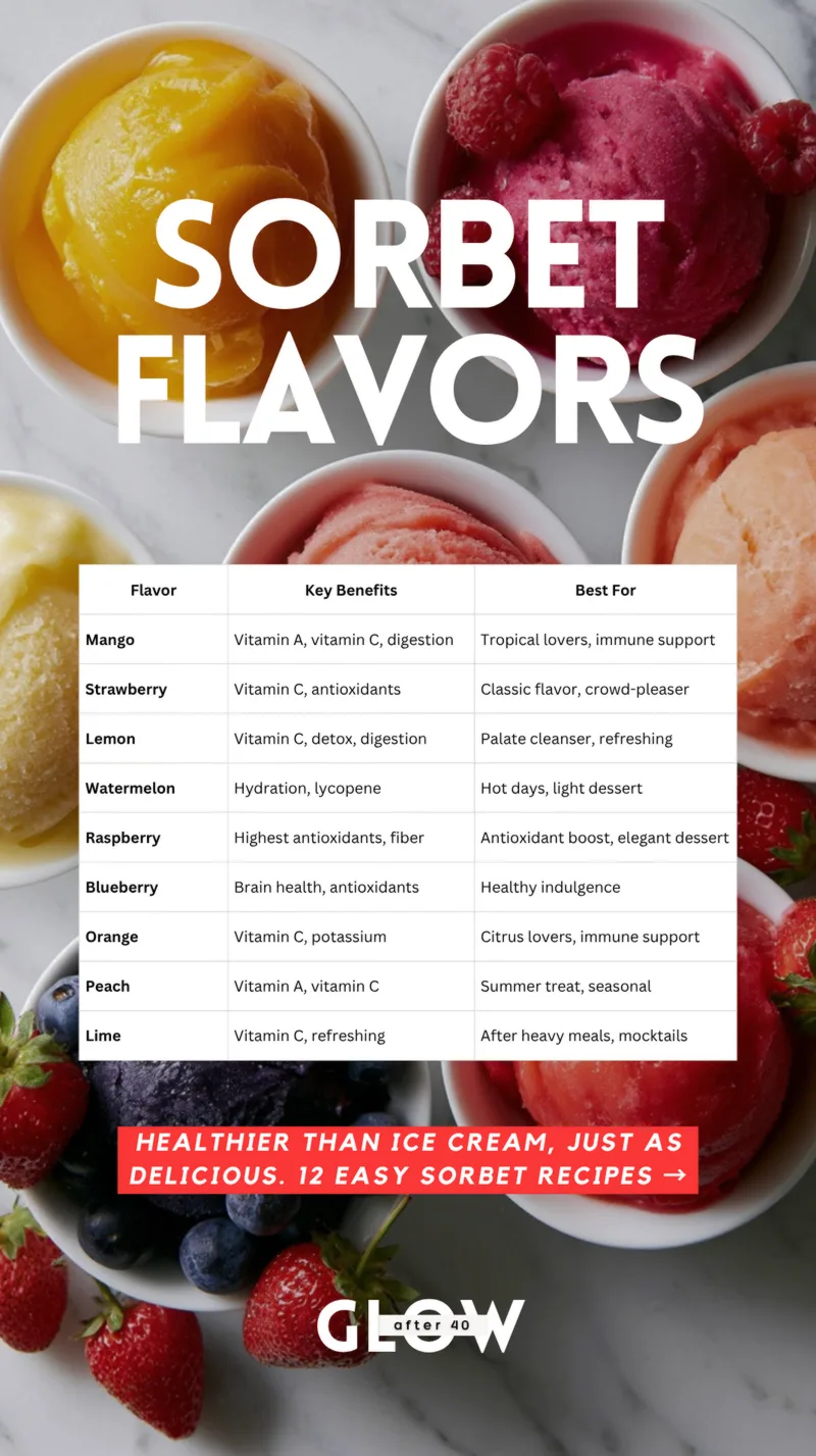 An informational text infographic chart labeled "Sorbet Flavors" showing columns for flavor, key benefits, and usage suggestions, overlaid across a background of vibrant fruit sorbets.